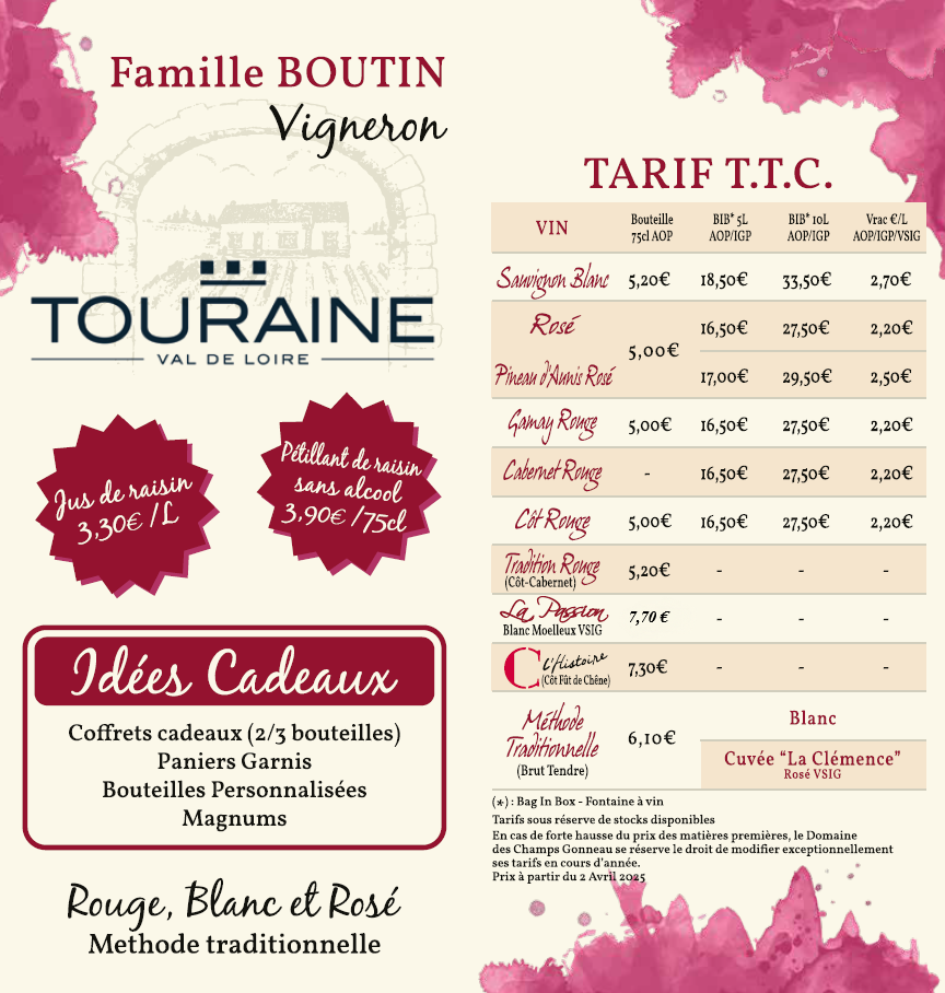 Tarifs Vins de Touraine 2025-25